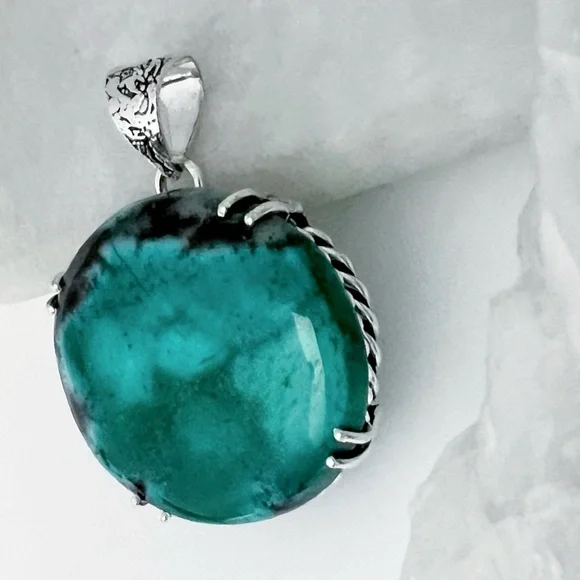 Round Dendritic Opal Gemstone Pendant Solid Sterling Silver 925 Handmade New - Picture 3 of 7